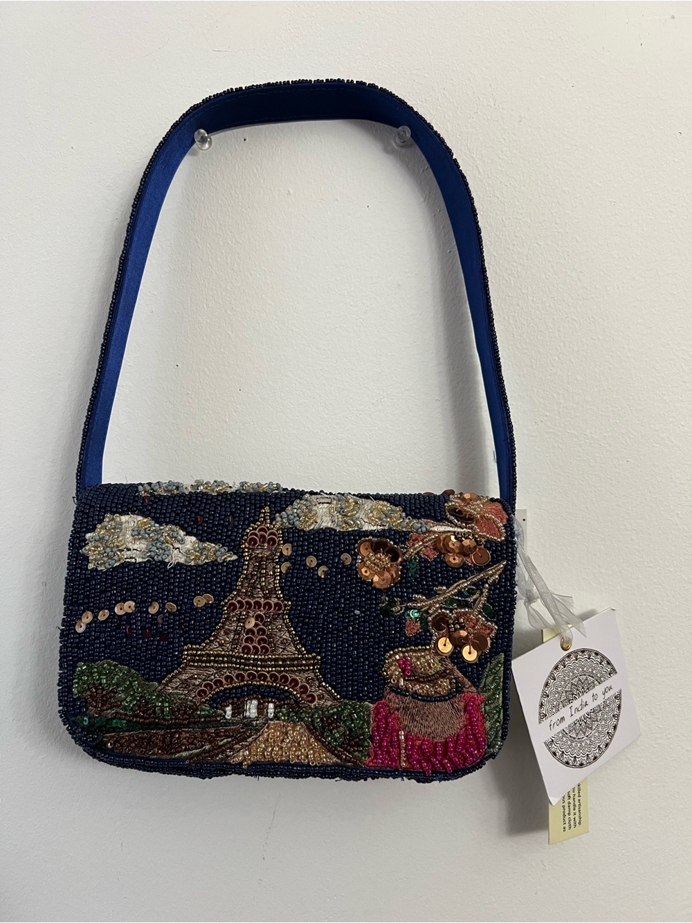 From India to You PARIS Beaded Navy Shoulder Bag Eiffel Tower
